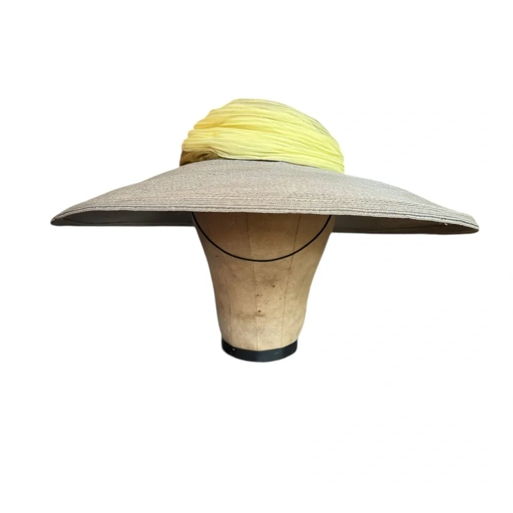 1950s L.S. Ayres Open Crown Surrounded w/Green &‎ Yellow Scarf Wide Brim Sun Hat - Picture 2 of 7